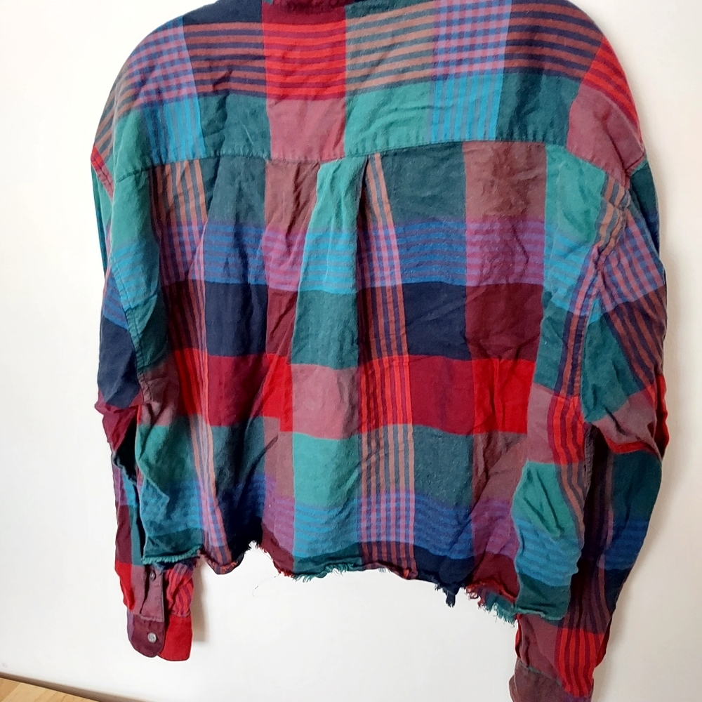 Perry Ellis plaid Cotton Rayon cutoff button-down shirt Beachy Grunge Western - Picture 3 of 6